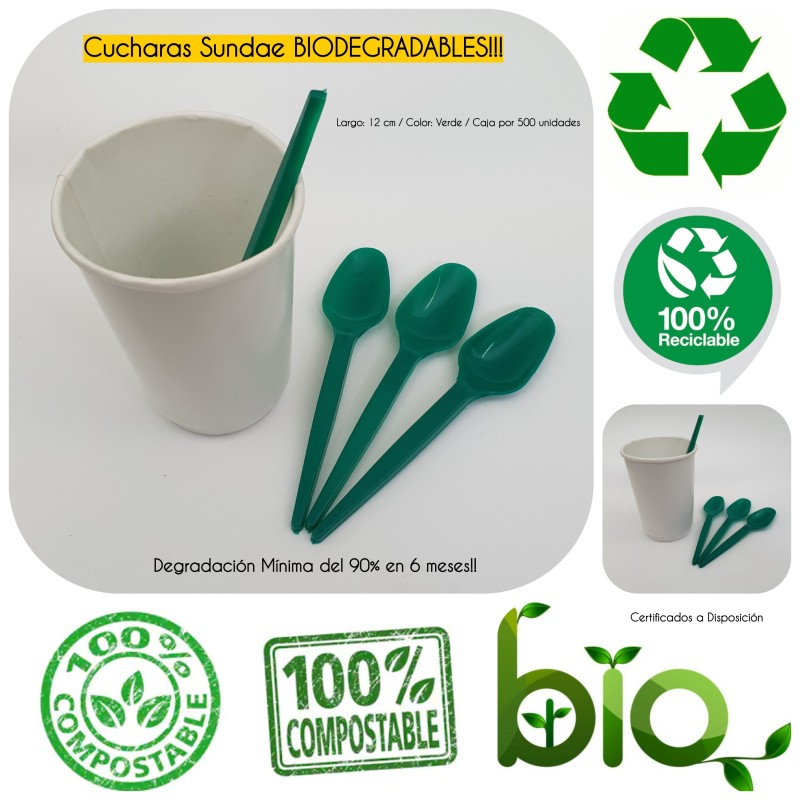 Cucharas Sundae BIODEGRADABLES Verde (caja x 500)